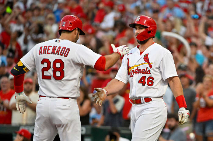 Jul 13, 2022; St. Louis, Missouri, USA; St. Louis Cardinals third baseman Nolan Arenado (28) celebrates with first baseman Paul Goldschmidt (46) after hitting a two run home run against the Los Angeles Dodgers during the third inning at Busch Stadium.